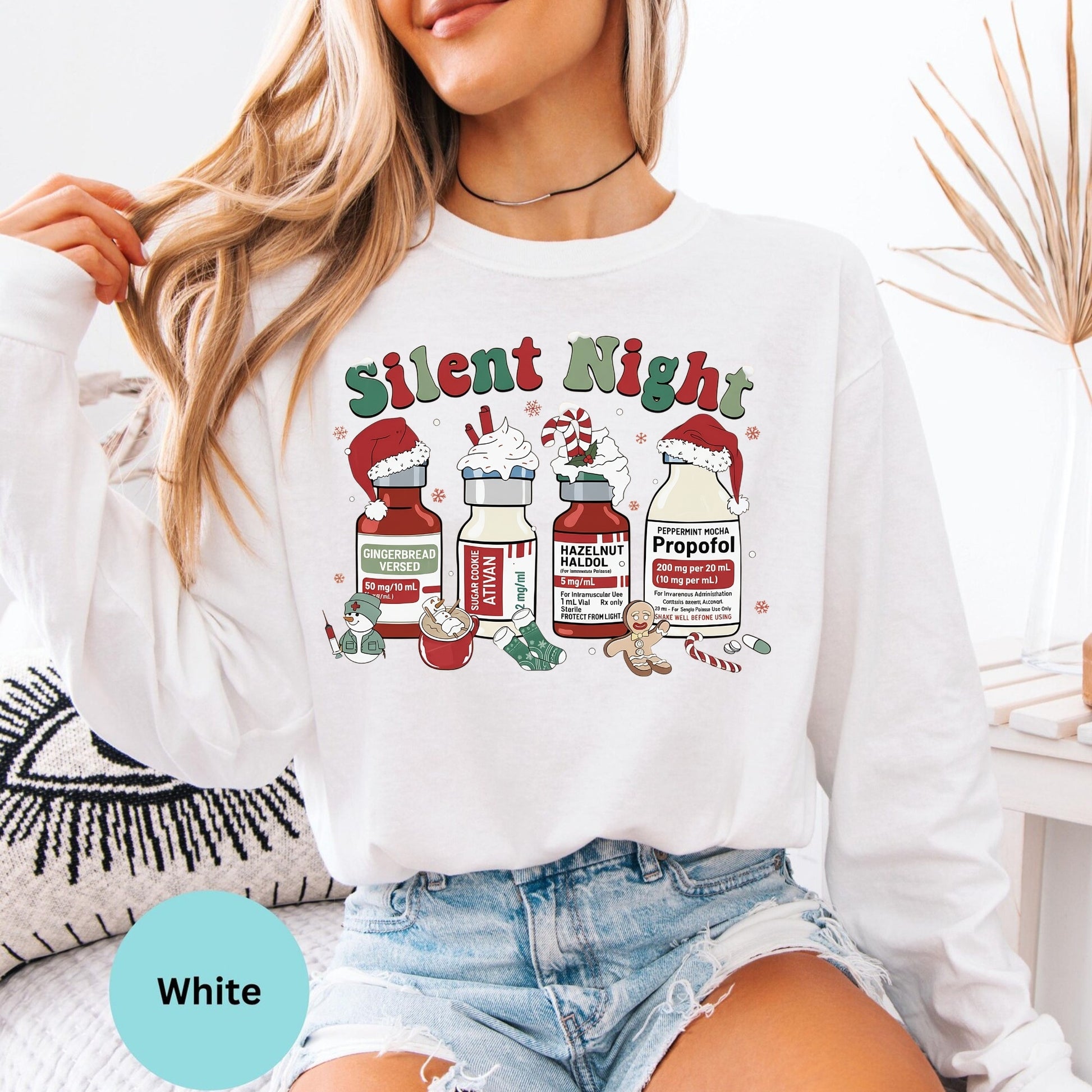 Comfort Colors® nurse Silent Night Christmas long sleeve T-shirt in White
