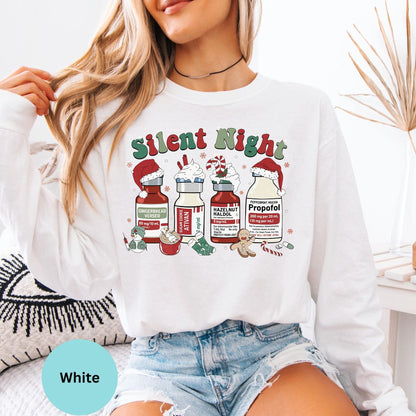 Comfort Colors® nurse Silent Night Christmas long sleeve T-shirt in White
