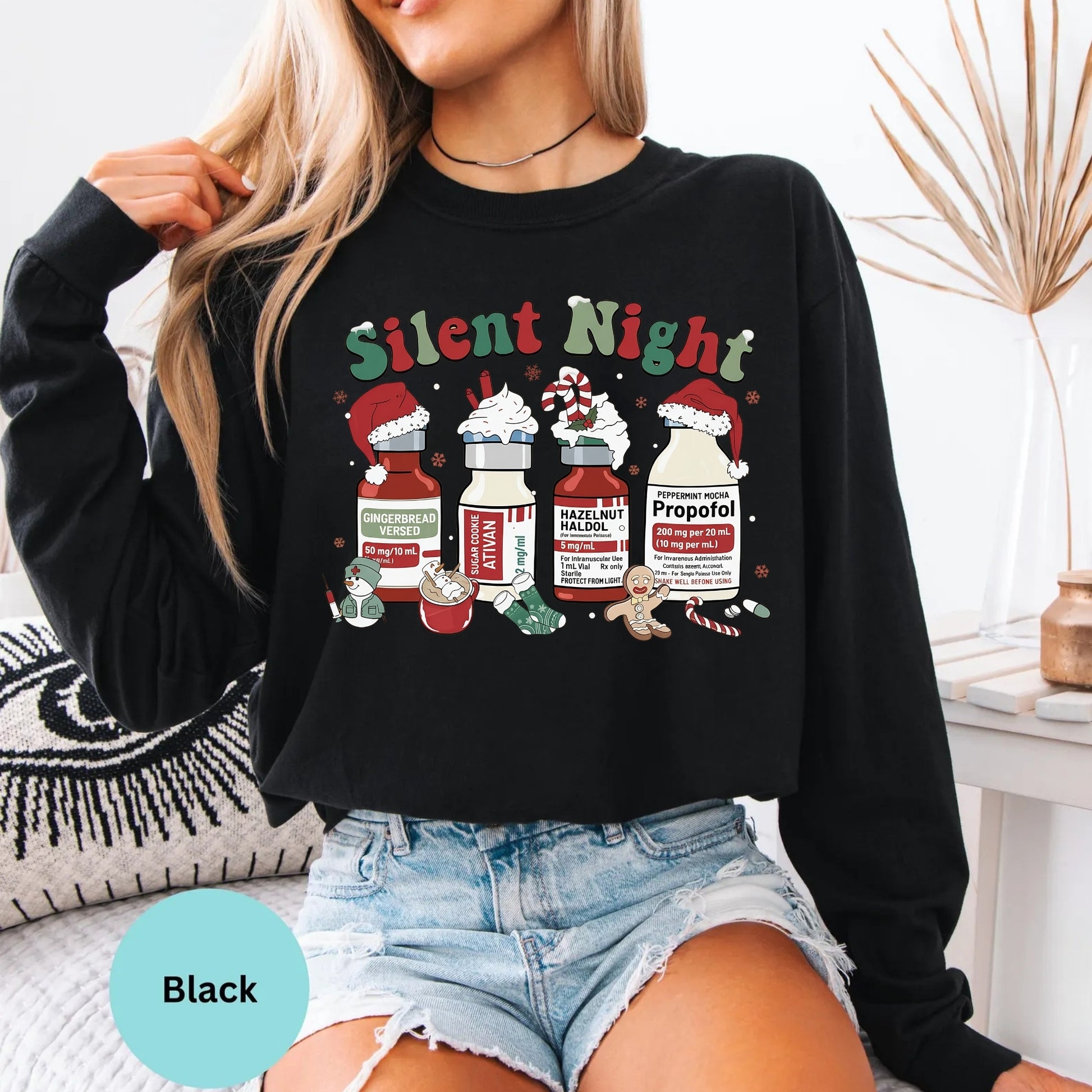 Comfort Colors® nurse Silent Night Christmas long sleeve T-shirt in Black
