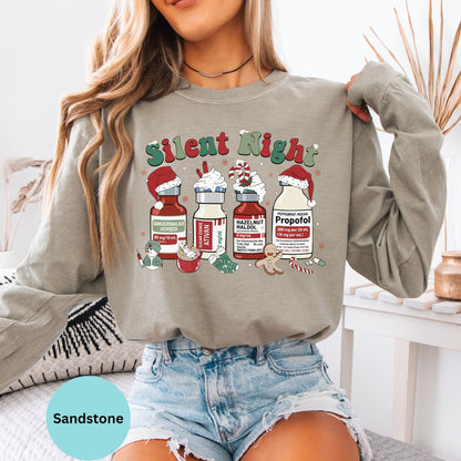 Comfort Colors® Silent Night Christmas Long Sleeve T-Shirt, Funny Nurse Christmas, Medical Holiday Shirt