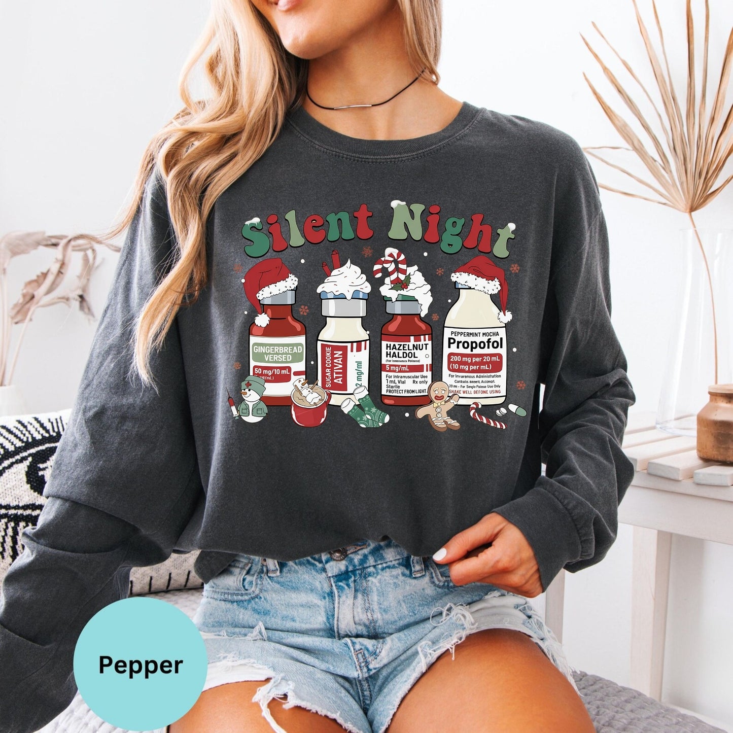 Comfort Colors® nurse Silent Night Christmas long sleeve T-shirt in Pepper
