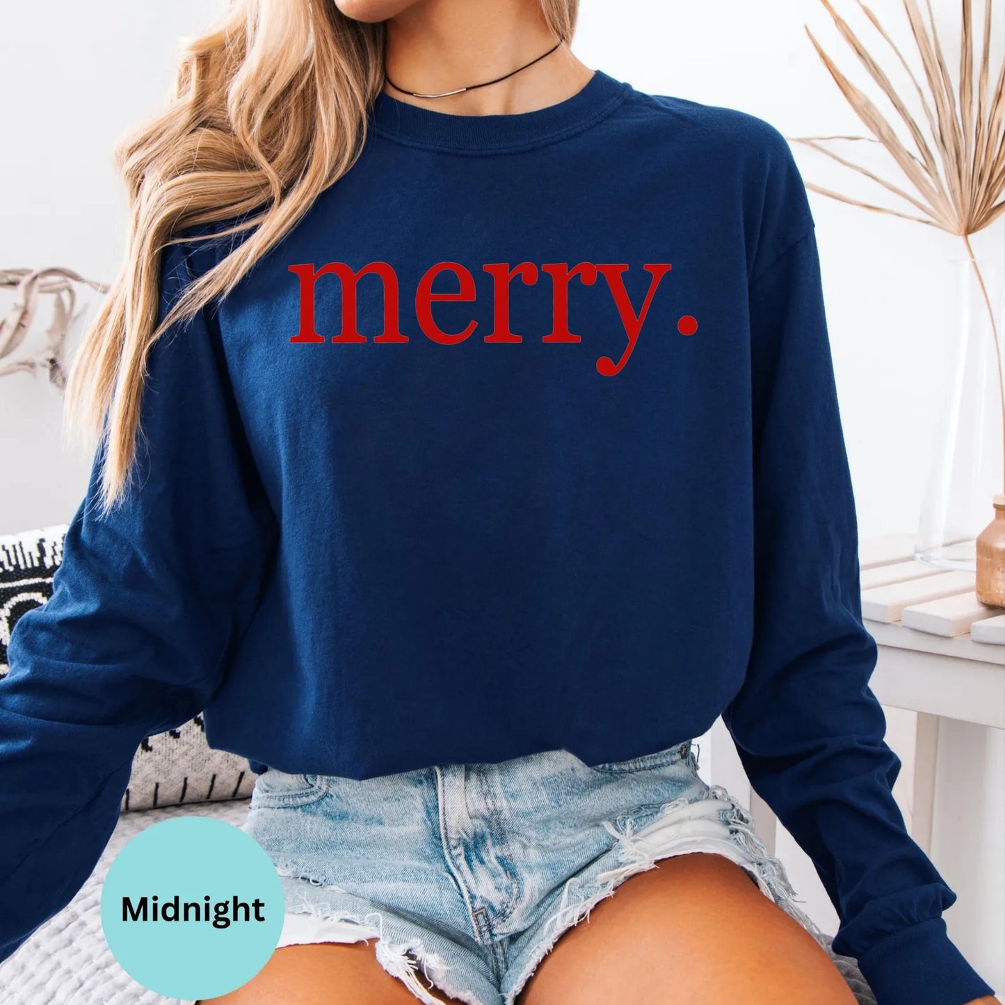 Comfort Colors® Merry Christmas Long Sleeve T-Shirt, Merry Holiday Women's Xmas Typography Shirt