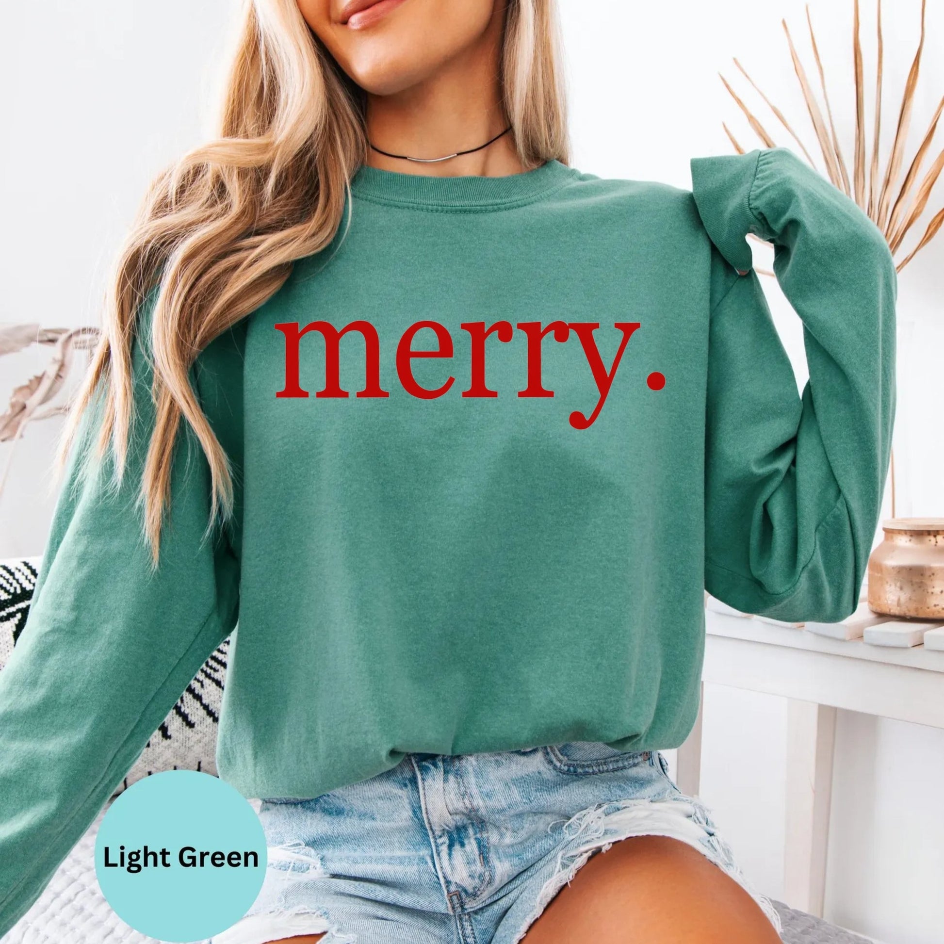 Comfort Colors® merry typography long sleeve T-shirt in Light Green
