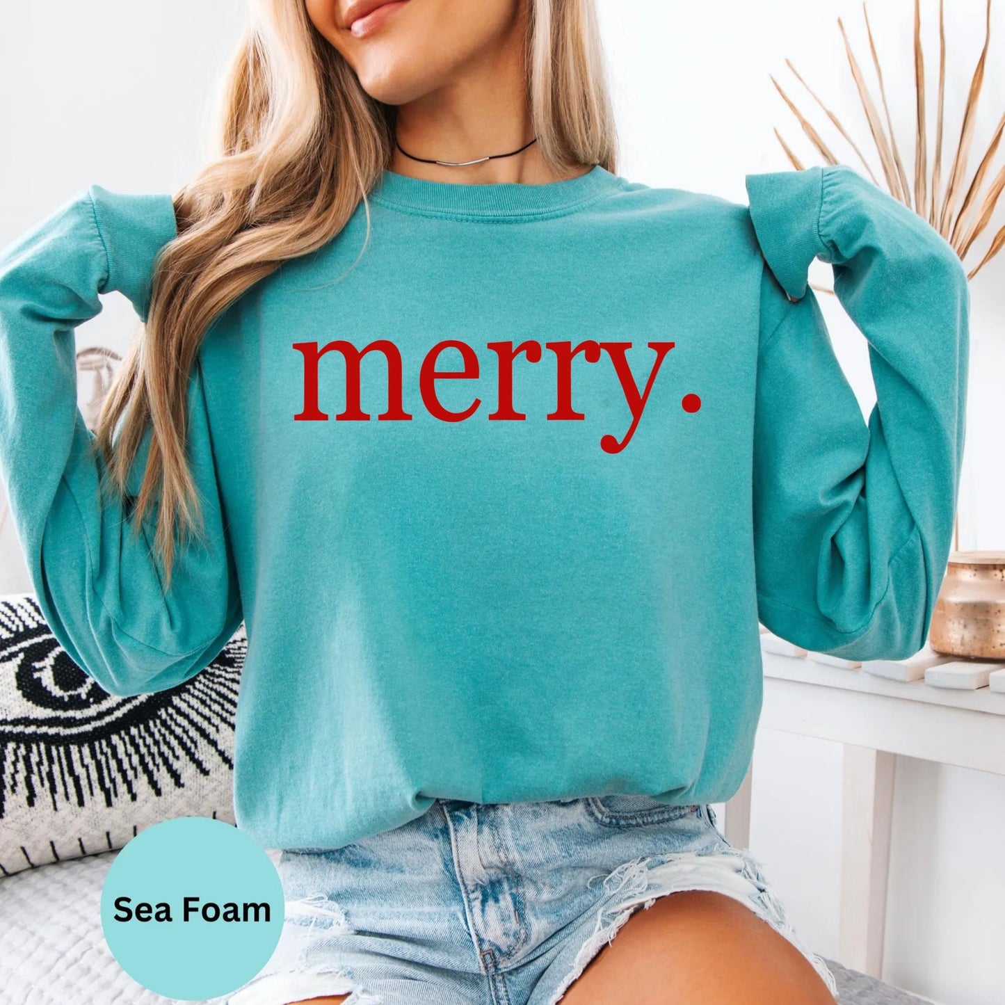 Comfort Colors® merry typography long sleeve T-shirt in Sea Foam
