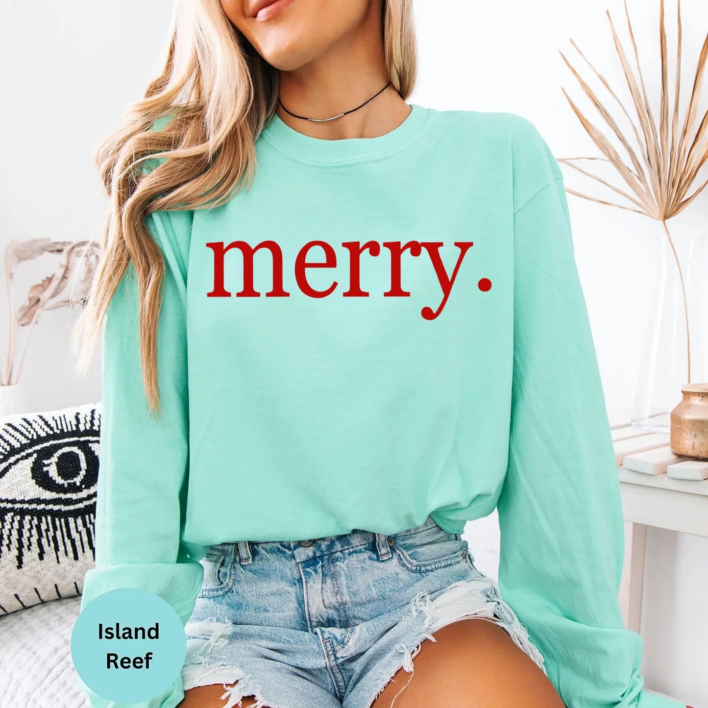 Comfort Colors® Merry Christmas Long Sleeve T-Shirt, Merry Holiday Women's Xmas Typography Shirt