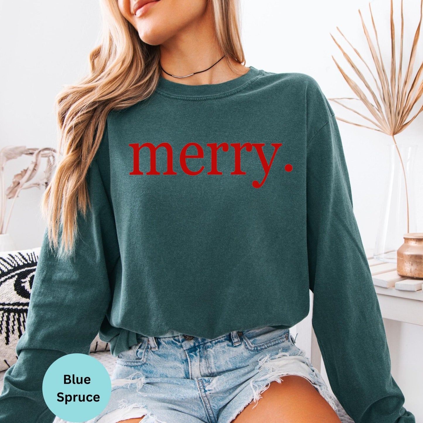 Comfort Colors® merry typography long sleeve T-shirt in Blue Spruce
