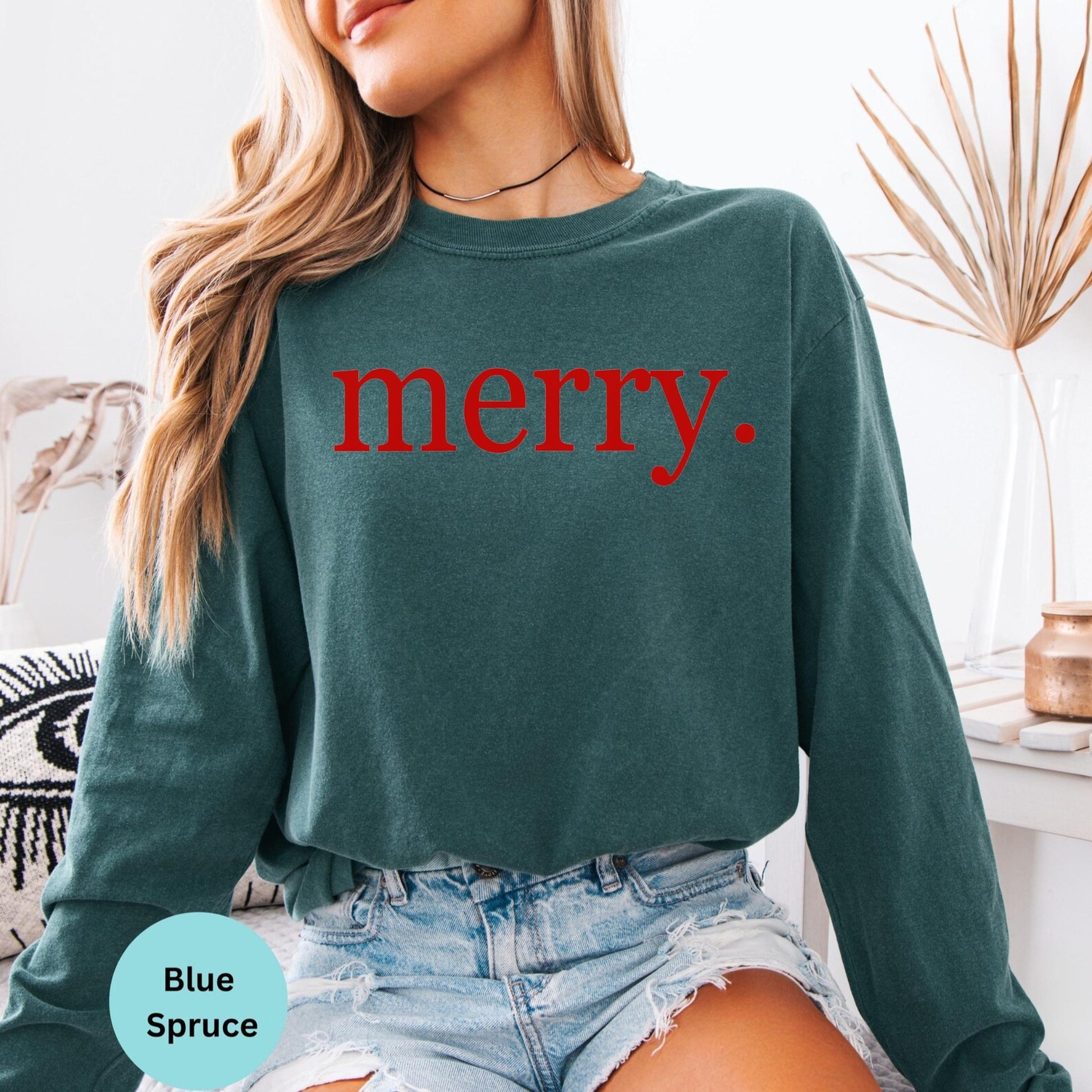 Comfort Colors® merry typography long sleeve T-shirt in Blue Spruce
