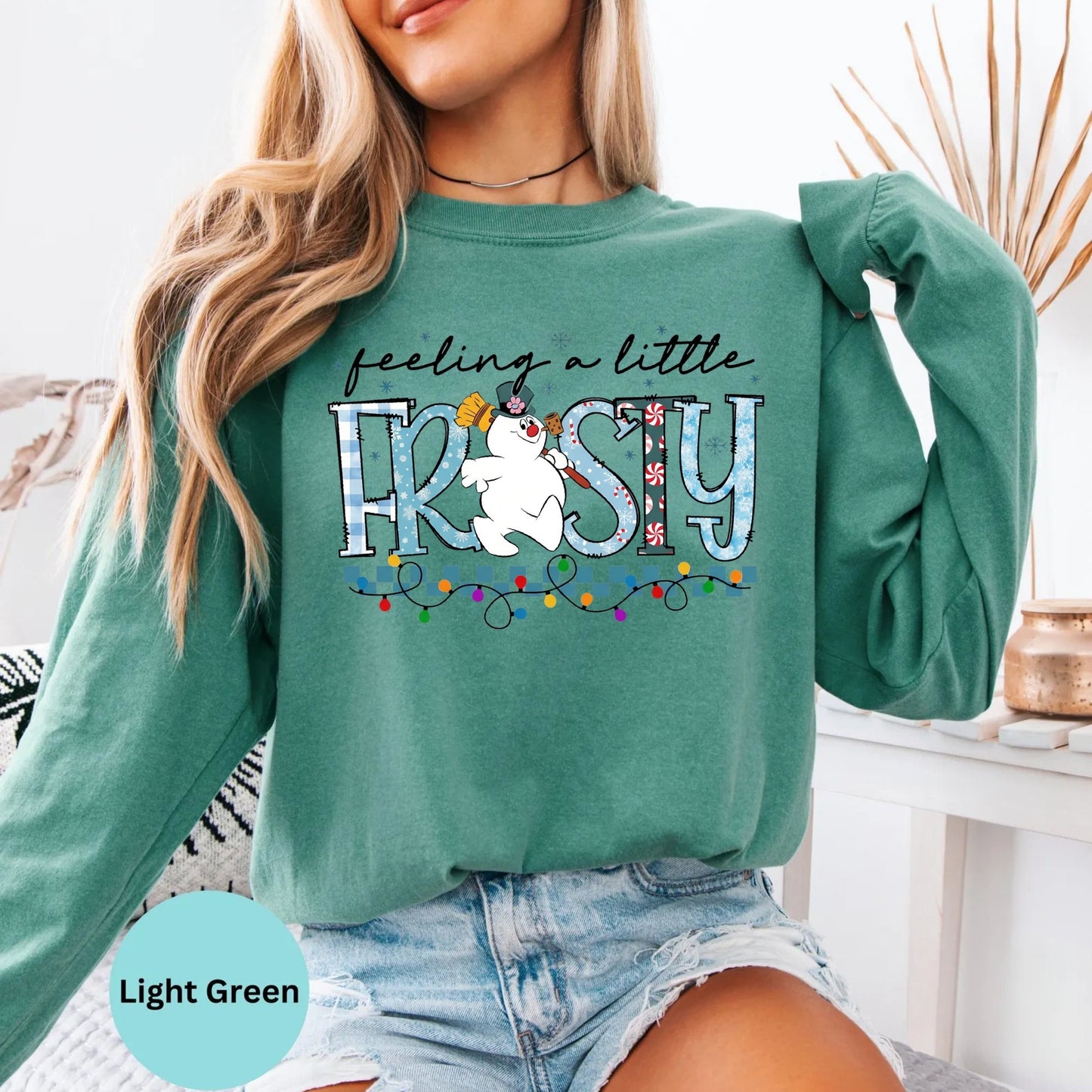 Comfort Colors® Feeling A Little Frosty typography long sleeve T-shirt in Light Green
