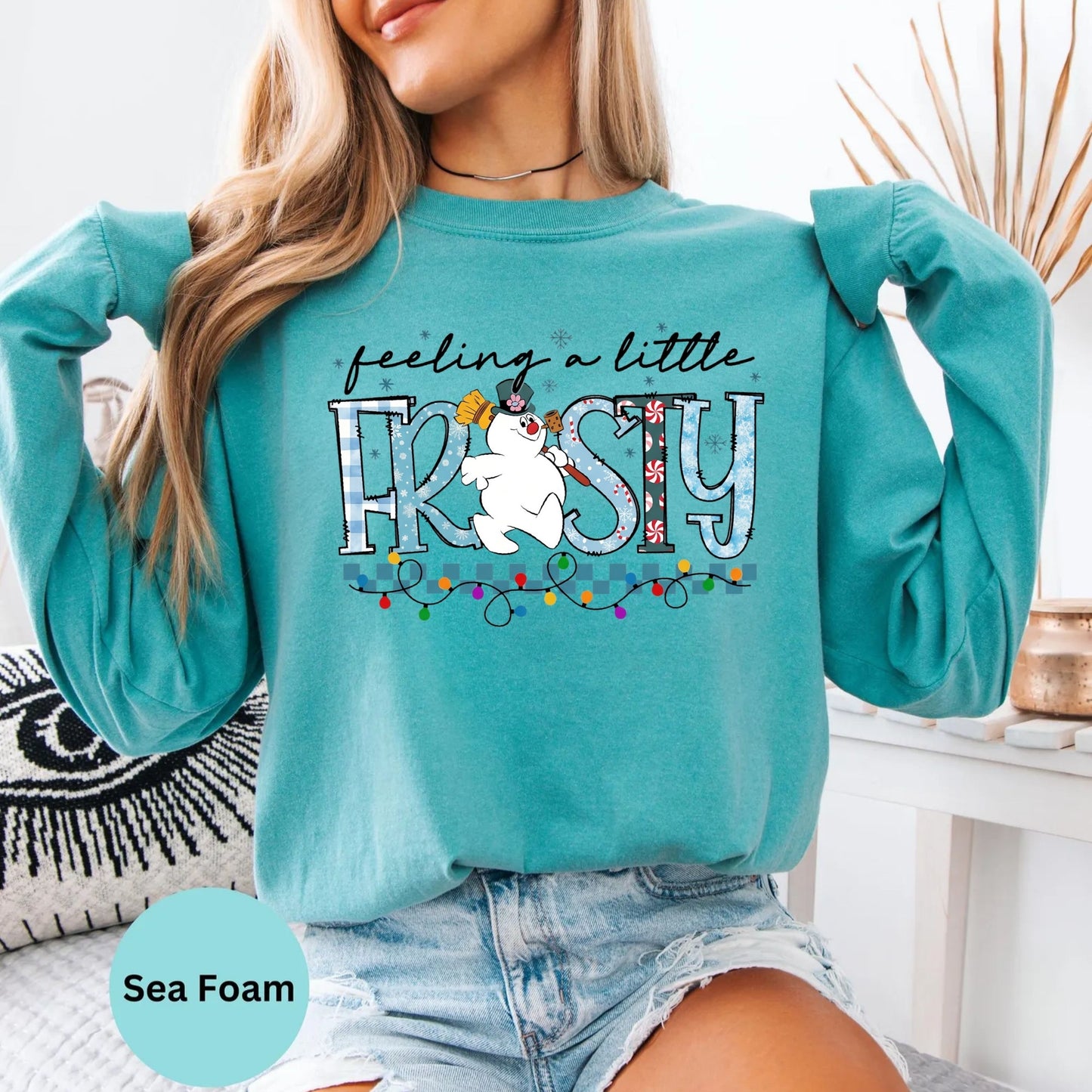 Comfort Colors® Feeling A Little Frosty typography long sleeve T-shirt in Sea Foam
