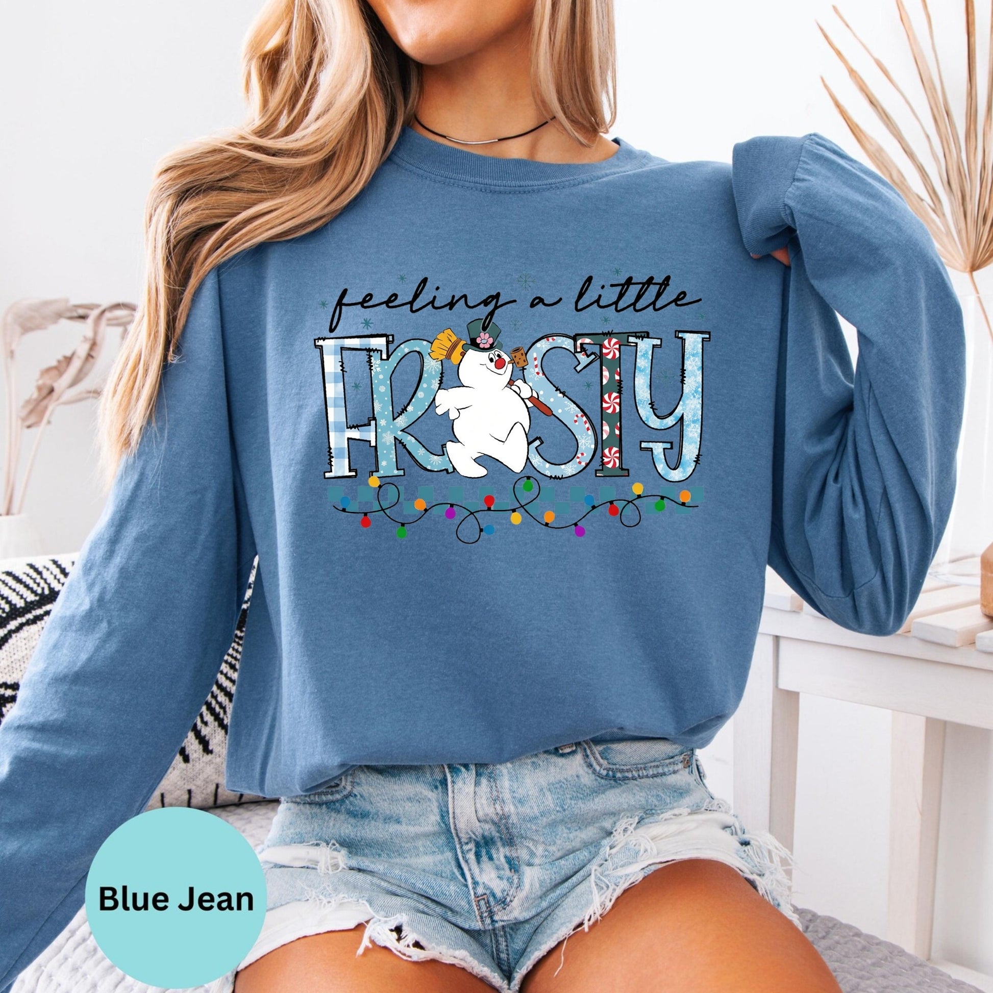 Comfort Colors® Feeling A Little Frosty typography long sleeve T-shirt in Blue Jean
