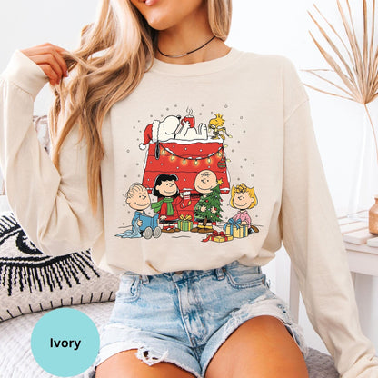 Comfort Colors® Christmas long sleeve T-shirt in Ivory with holiday cartoon dog family artwork
