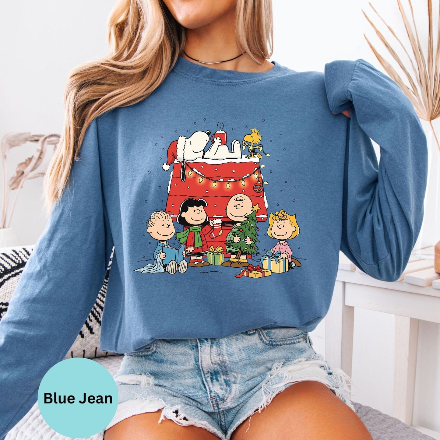 Comfort Colors® Christmas long sleeve T-shirt in Blue Jean with festive cartoon dog family design
