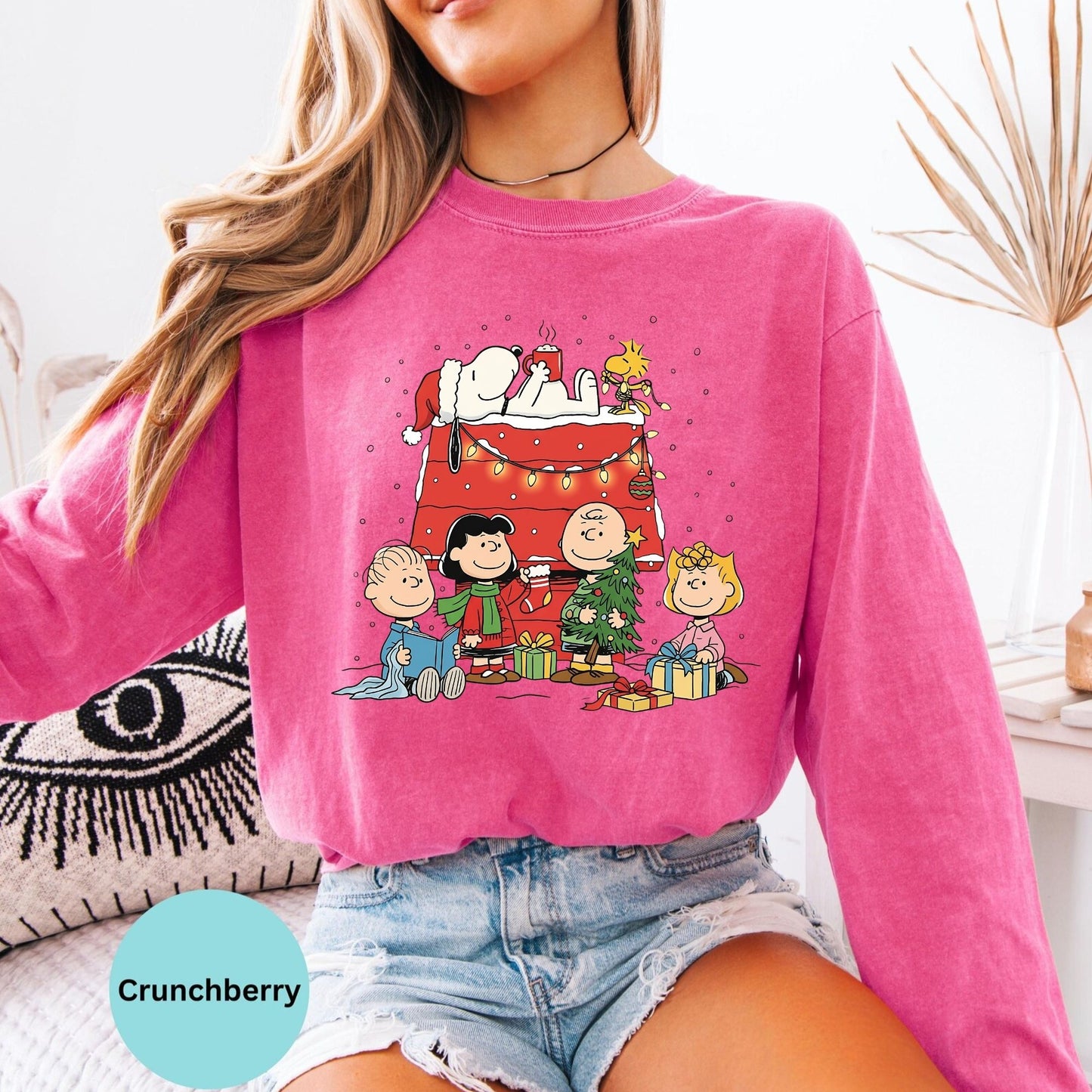 Comfort Colors® Christmas long sleeve T-shirt in Crunchberry with festive cartoon dog family print
