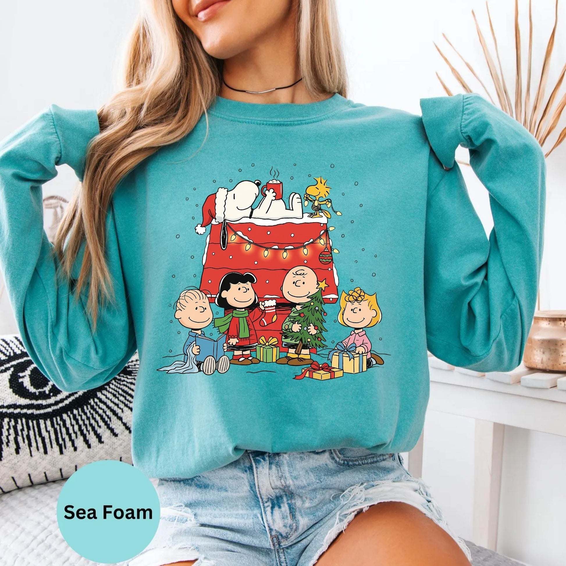 Comfort Colors® Christmas long sleeve T-shirt in Sea Foam with holiday cartoon dog family artwork
