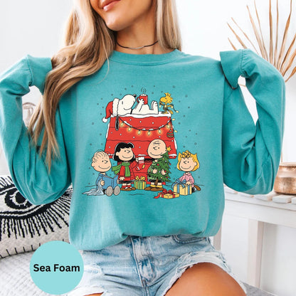 Comfort Colors® Christmas long sleeve T-shirt in Sea Foam with holiday cartoon dog family artwork
