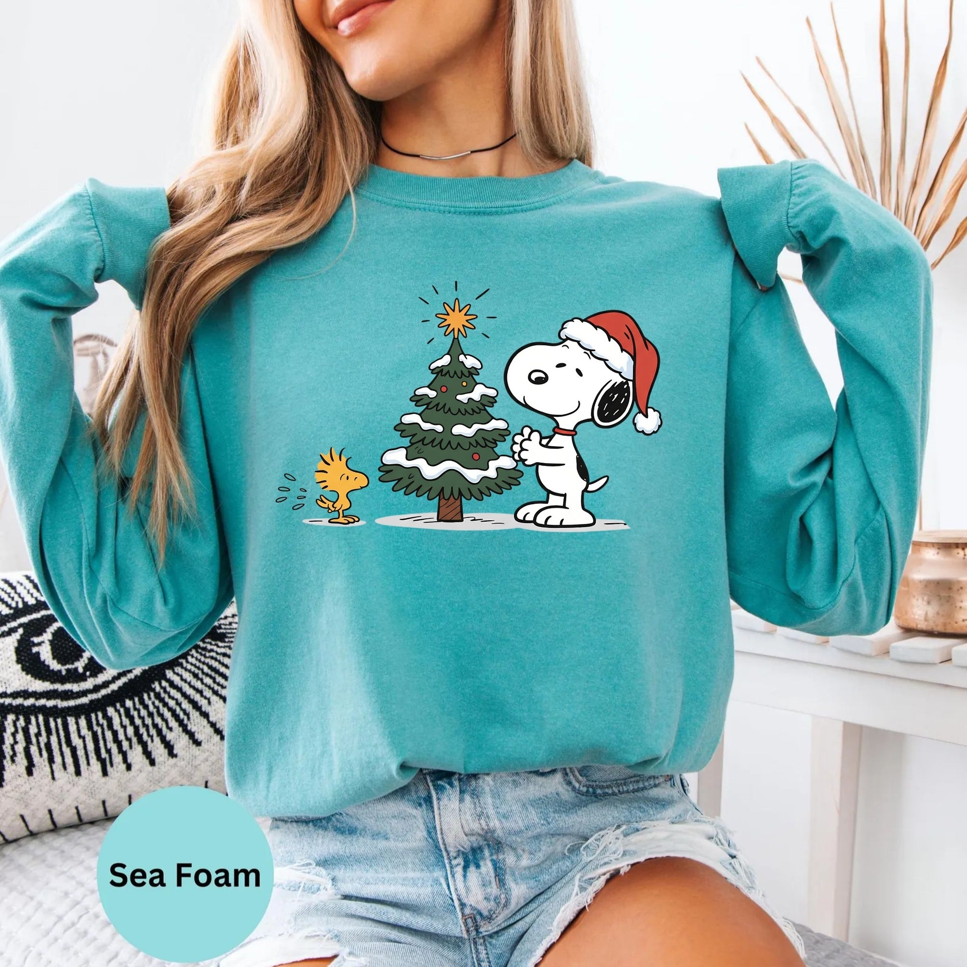 Comfort Colors® Christmas tree long sleeve T-shirt in Sea Foam with festive cartoon dog artwork
