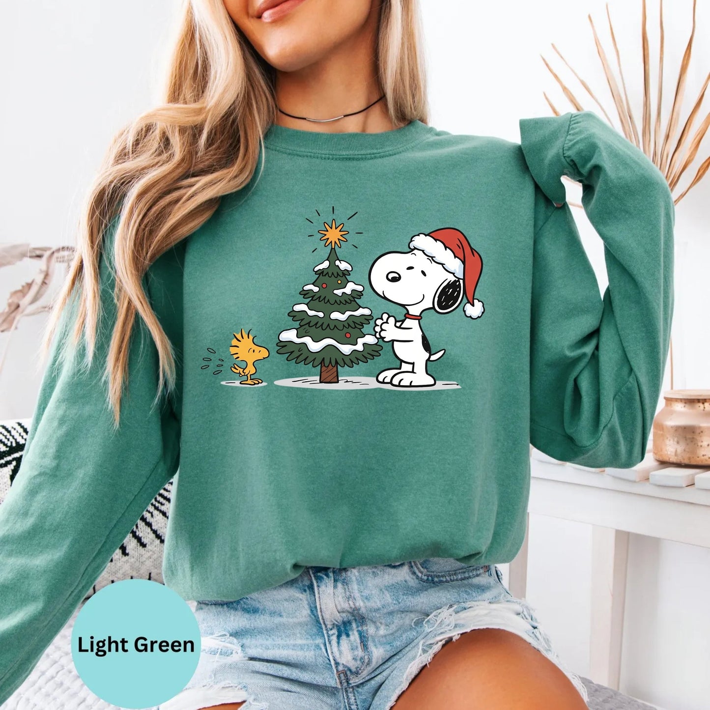 Comfort Colors® Snoopy Christmas Tree Long Sleeve T-Shirt, Peanuts Holiday Shirt, Woodstock Christmas Top, Merry Christmas Shirt
