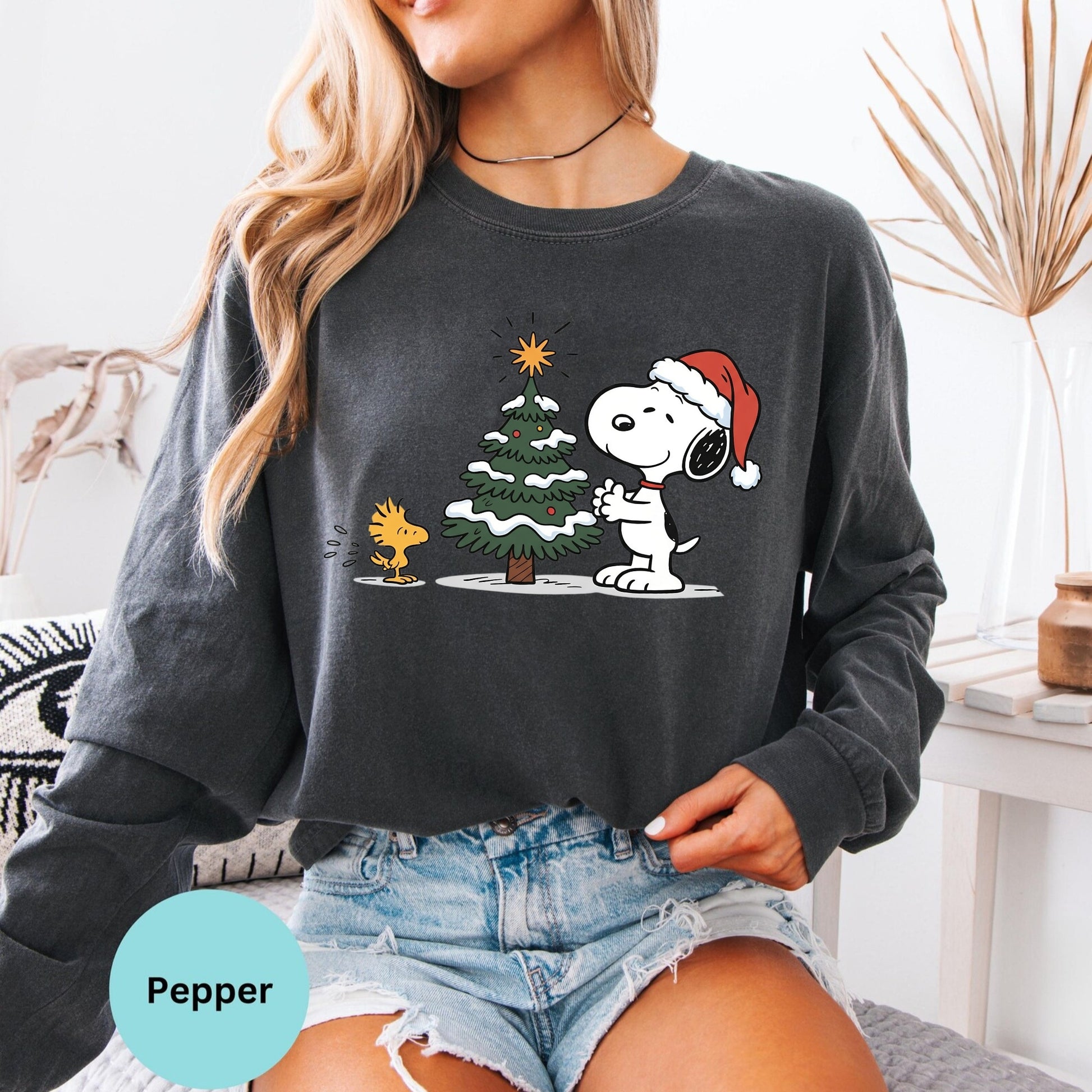 Comfort Colors® Christmas tree long sleeve T-shirt in Pepper with holiday cartoon dog print
