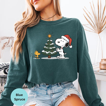 Comfort Colors® Christmas tree long sleeve T-shirt in Blue Spruce with cartoon dog holiday design
