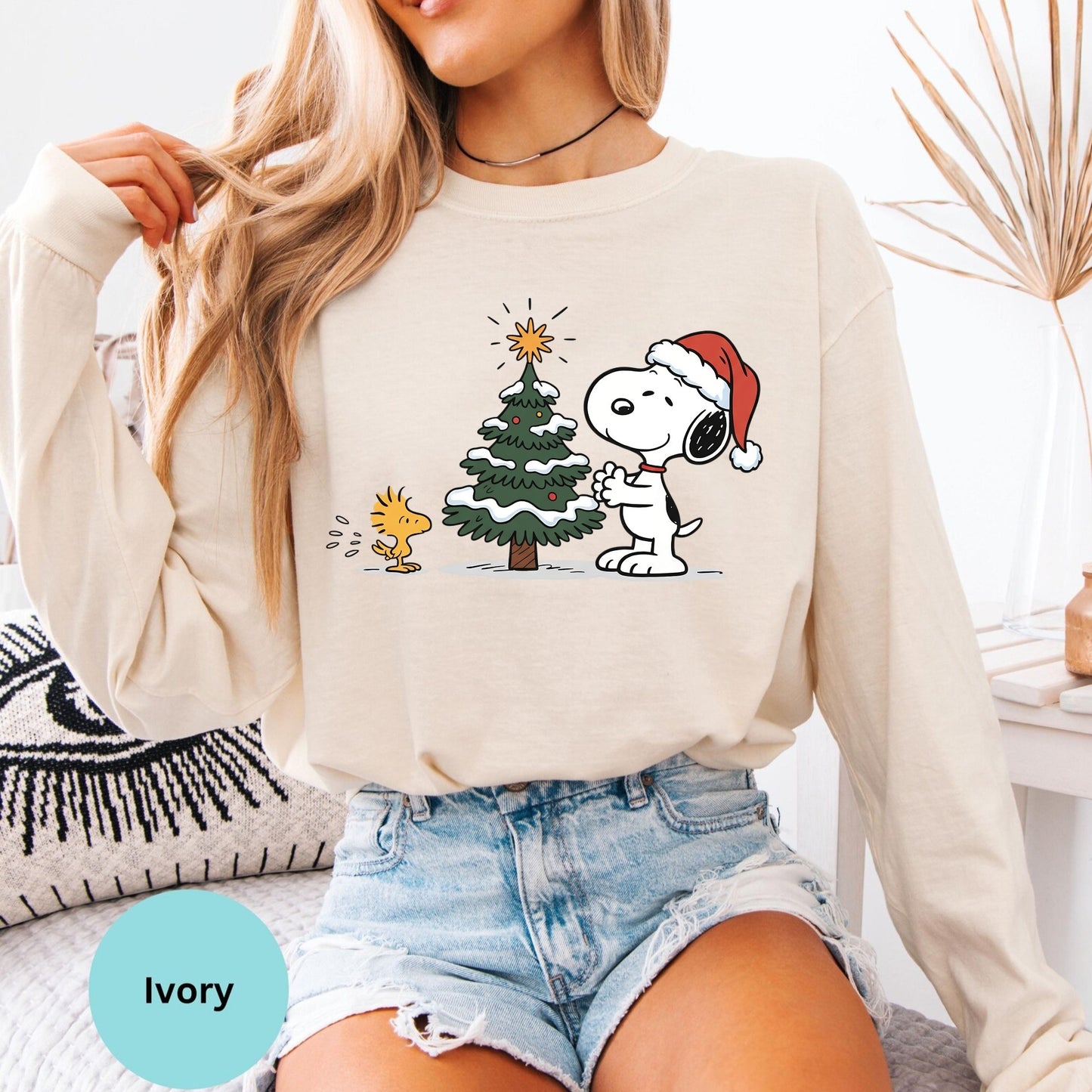 Comfort Colors® Christmas tree long sleeve T-shirt in Ivory with cute holiday cartoon dog
