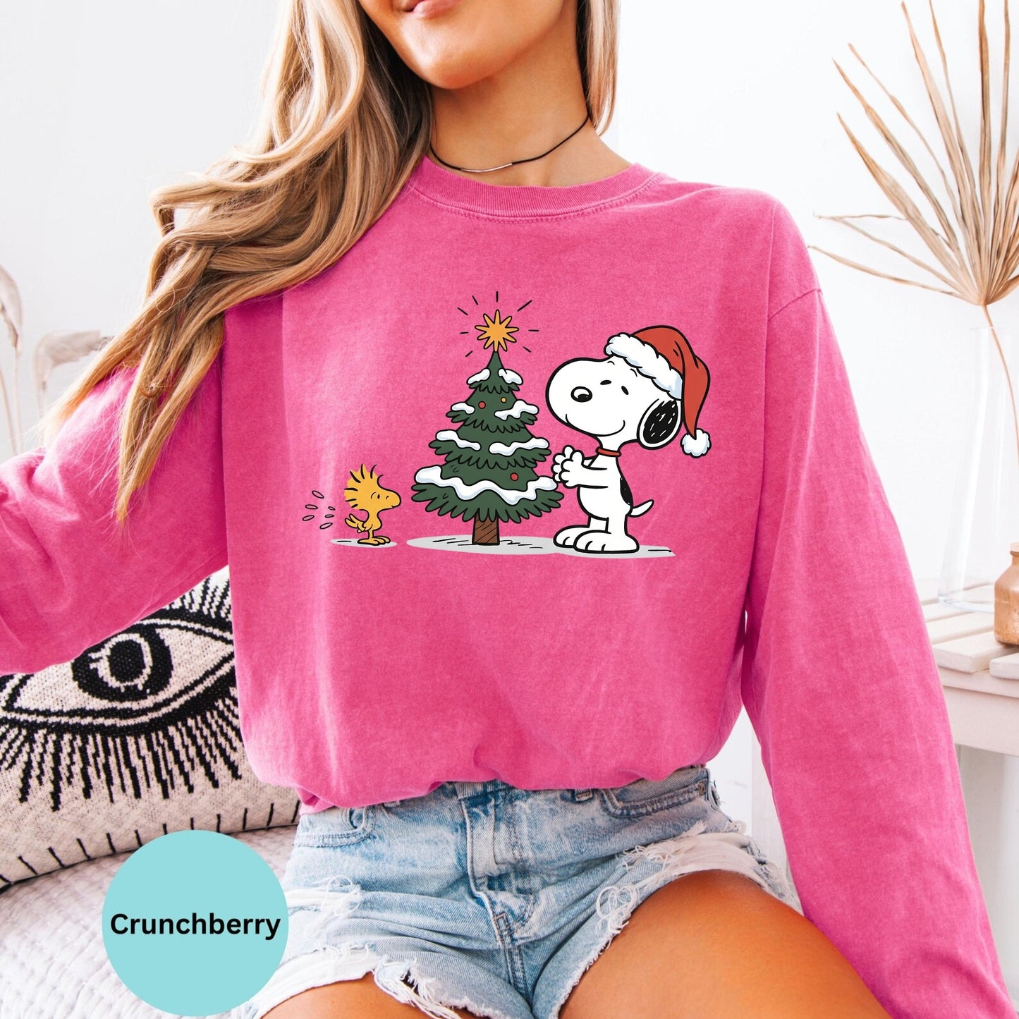 Comfort Colors® Christmas tree long sleeve T-shirt in Crunchberry with festive cartoon dog
