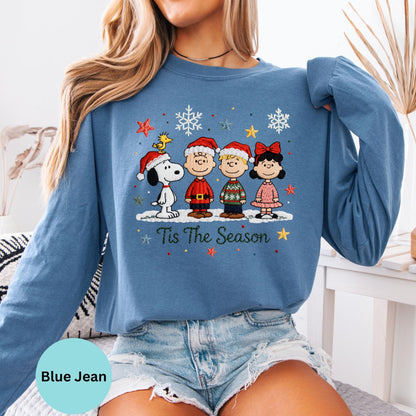 Comfort Colors® Tis The Season long sleeve T-shirt in blue with Christmas cartoon dog design
