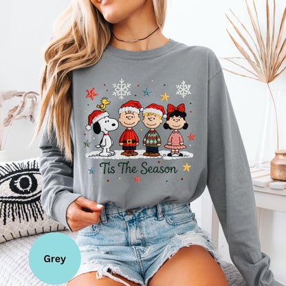 Comfort Colors® Tis The Season Long Sleeve T-Shirt, Christmas Snoopy and Friends Top, Xmas Peanuts Shirt, Holiday Gift Tee