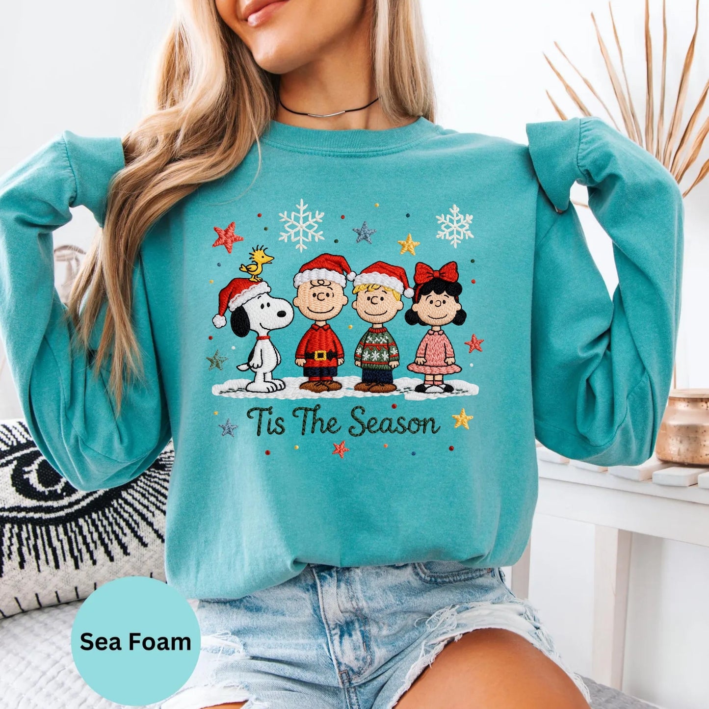Comfort Colors® Tis The Season long sleeve T-shirt in sea foam green with festive cartoon dog friends
