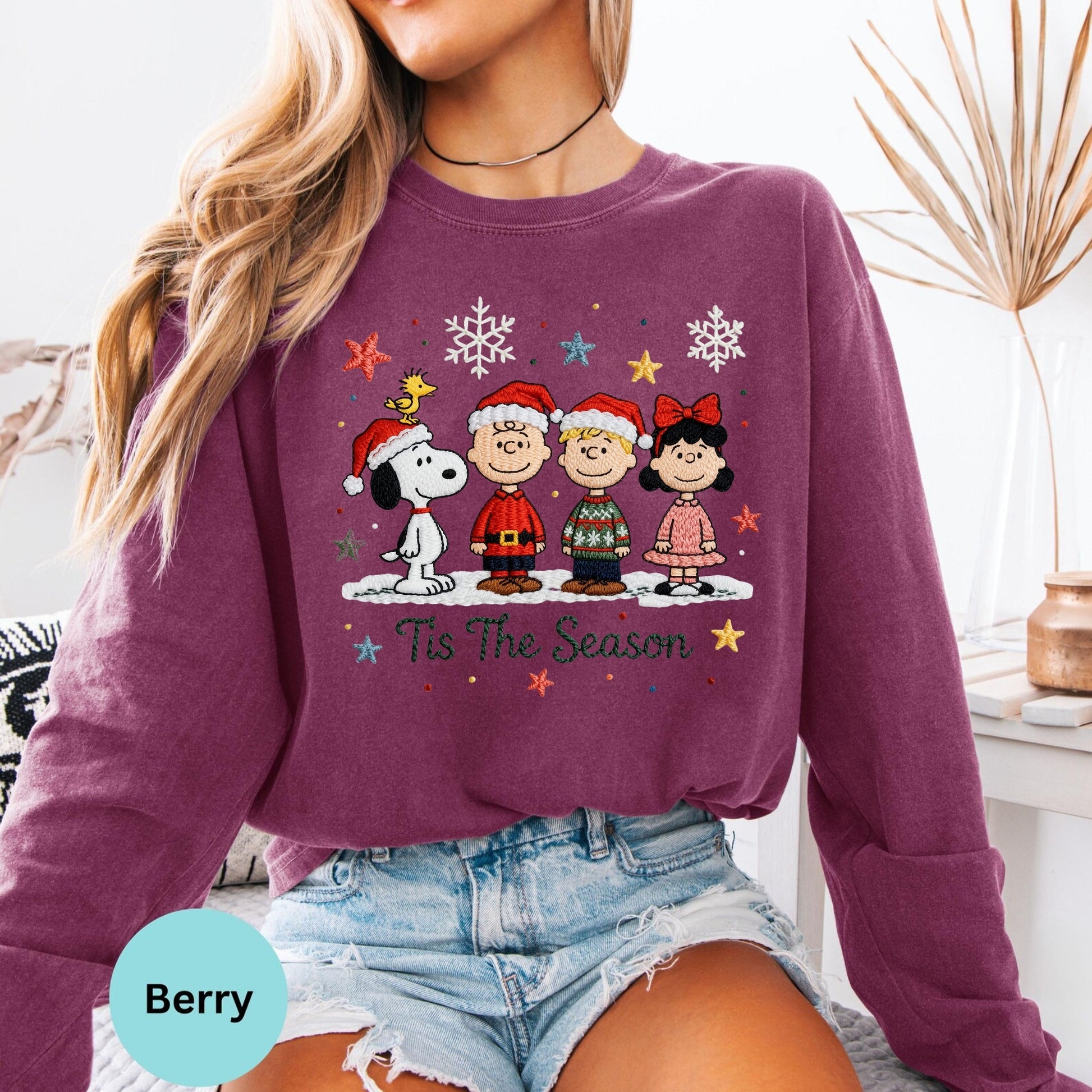 Comfort Colors® Tis The Season long sleeve T-shirt in berry with festive holiday cartoon dogs
