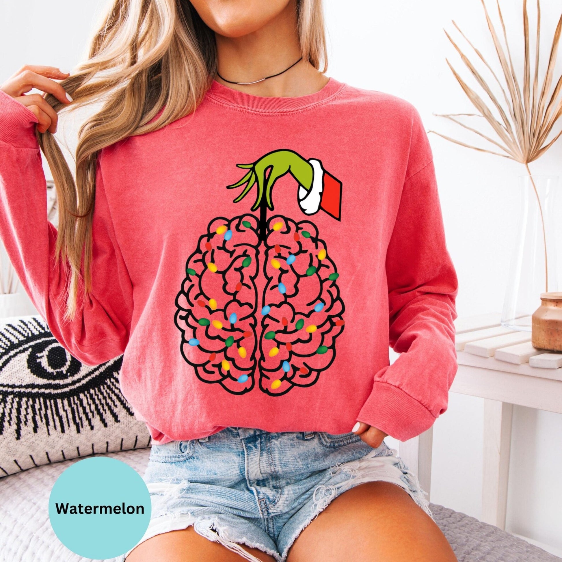 watermelon long sleeve woman wearing colorful brain nurse graphic