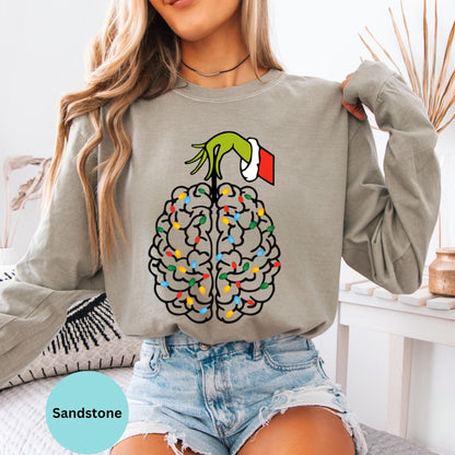 Comfort Colors® Neuro Crew Christmas Brain Long Sleeve T-Shirt, Nurse Crew Xmas Holiday Shirt