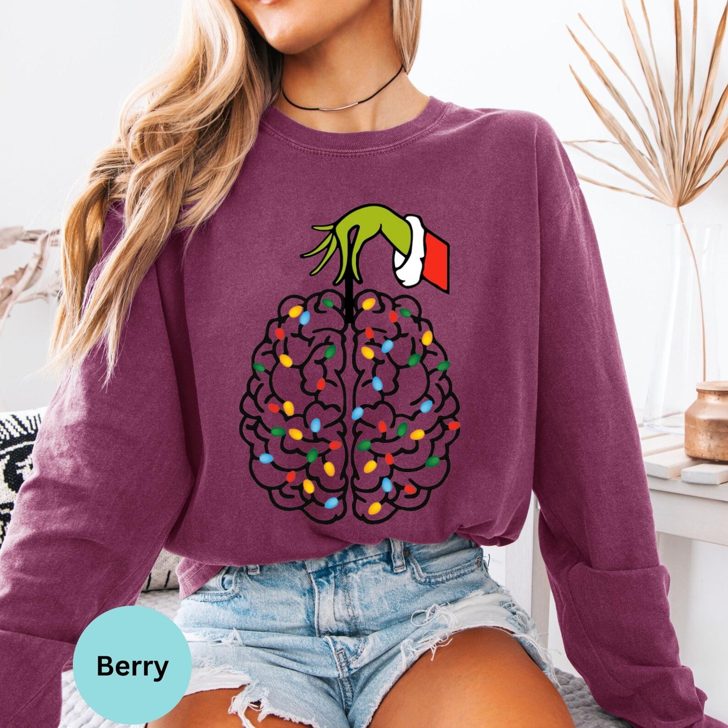 Berry long sleeve woman wearing colorful brain graphic design
