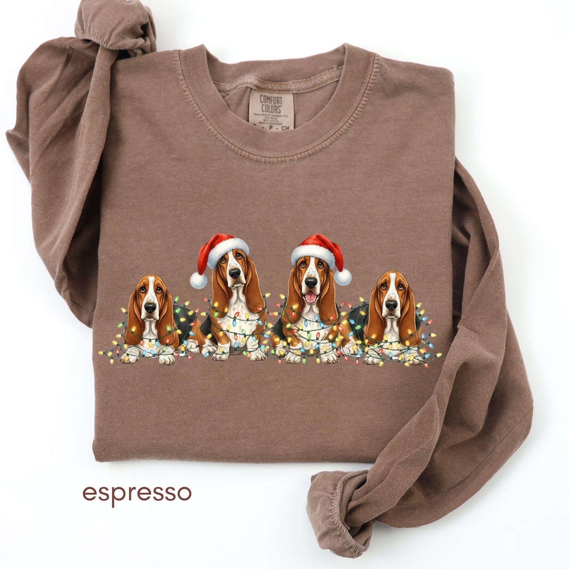 Espresso long sleeve with Christmas dog trio graphic