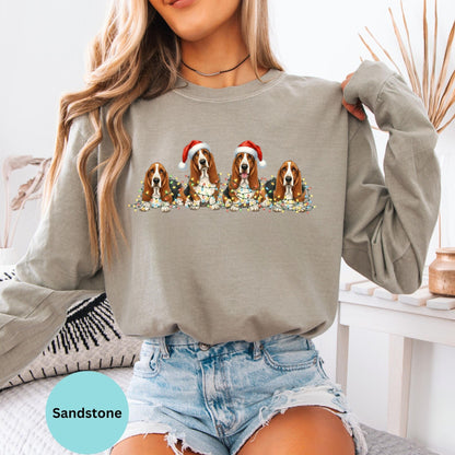 Comfort Colors® Christmas Dog Lights Long Sleeve T-Shirt, Basset Hound Santa Christmas Gift Shirt