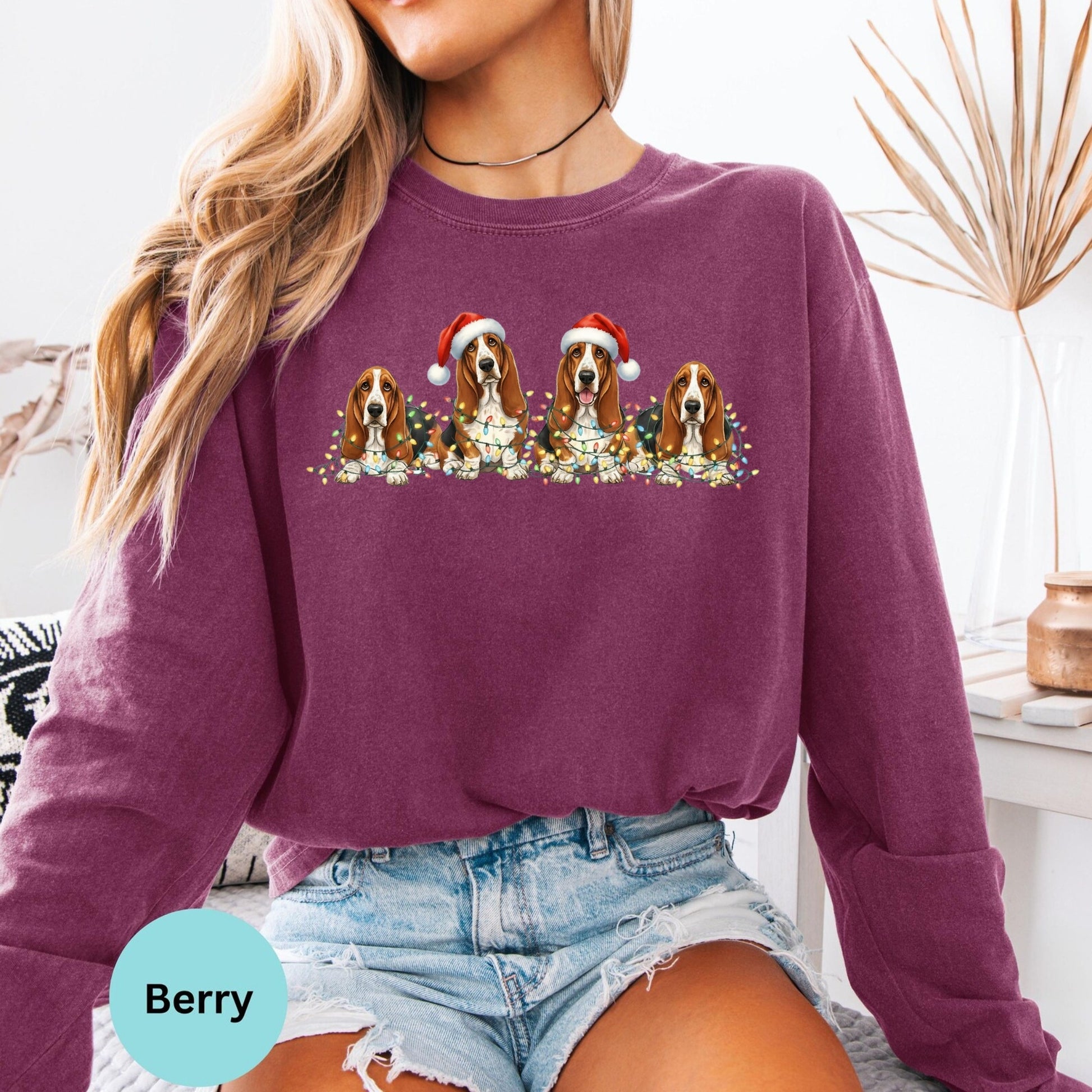 Berry long sleeve woman wearing Christmas dog trio design