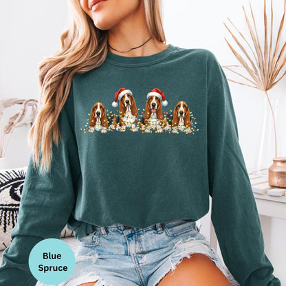Comfort Colors® Christmas Dog Lights Long Sleeve T-Shirt, Basset Hound Santa Christmas Gift Shirt