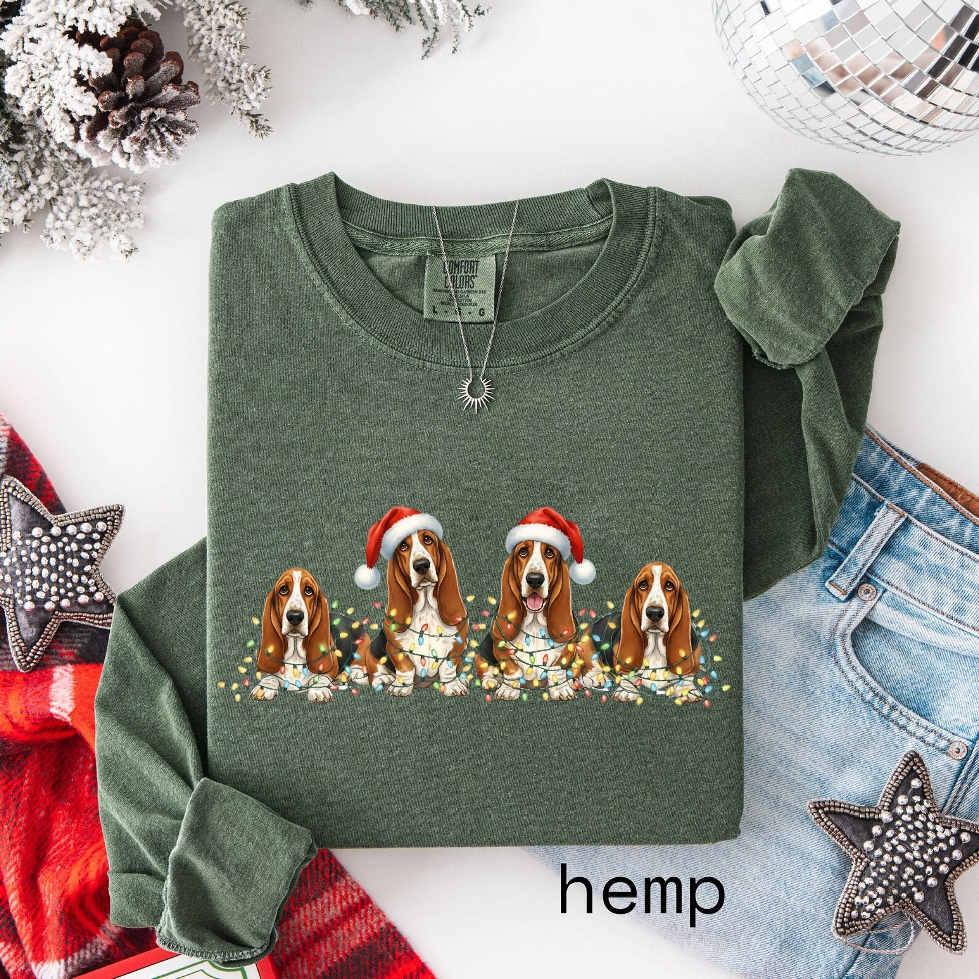 Hemp long sleeve with Christmas dog trio graphic