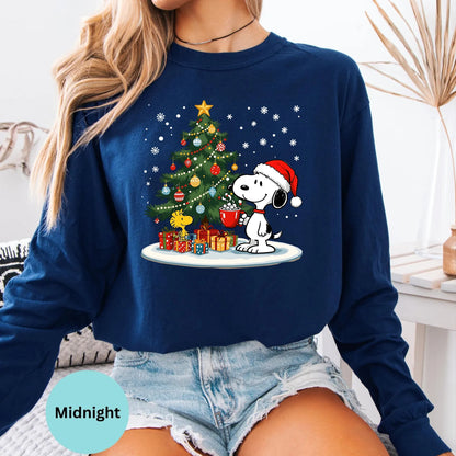 Midnight long sleeve woman wearing Snoopy Christmas design
