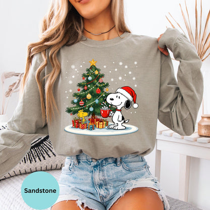 Comfort Colors® Christmas Snoopy Cartoon Dog Long Sleeve T-Shirt, Holiday Season Xmas Tree Shirt