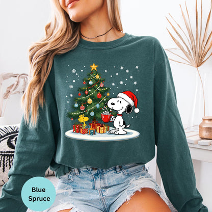 Blue Spruce long sleeve woman wearing Snoopy Christmas tree design