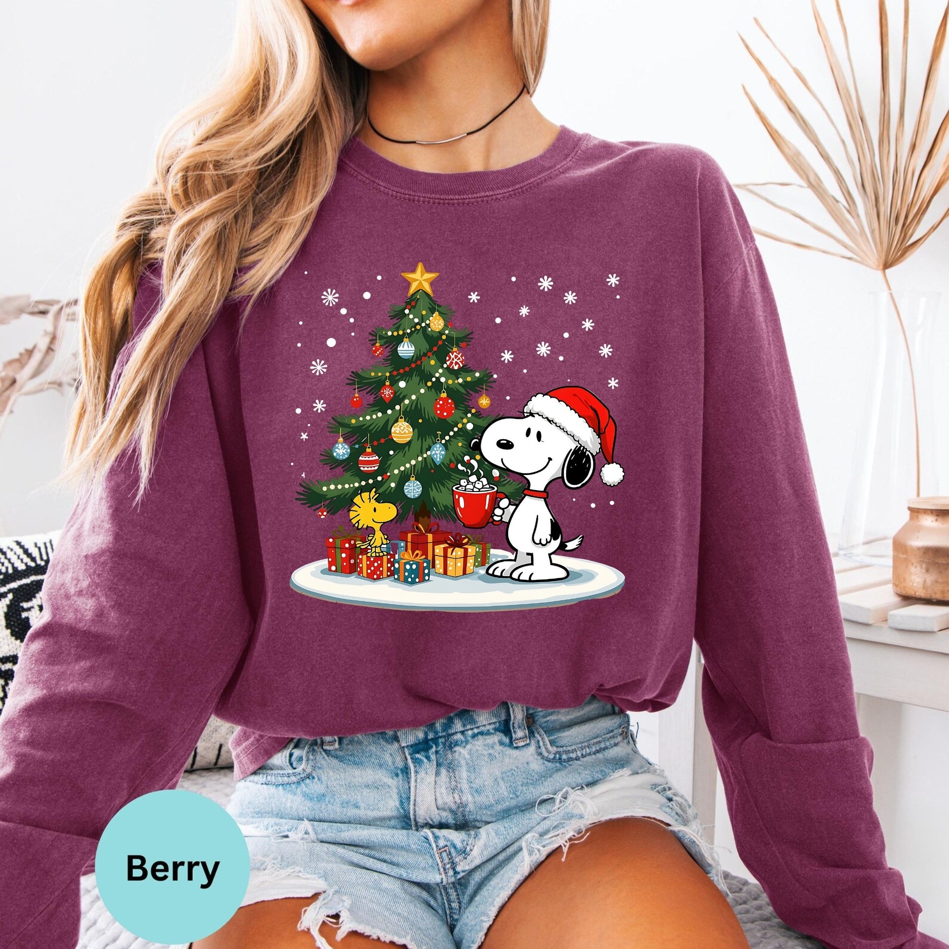 Berry long sleeve woman wearing Snoopy Christmas tree design