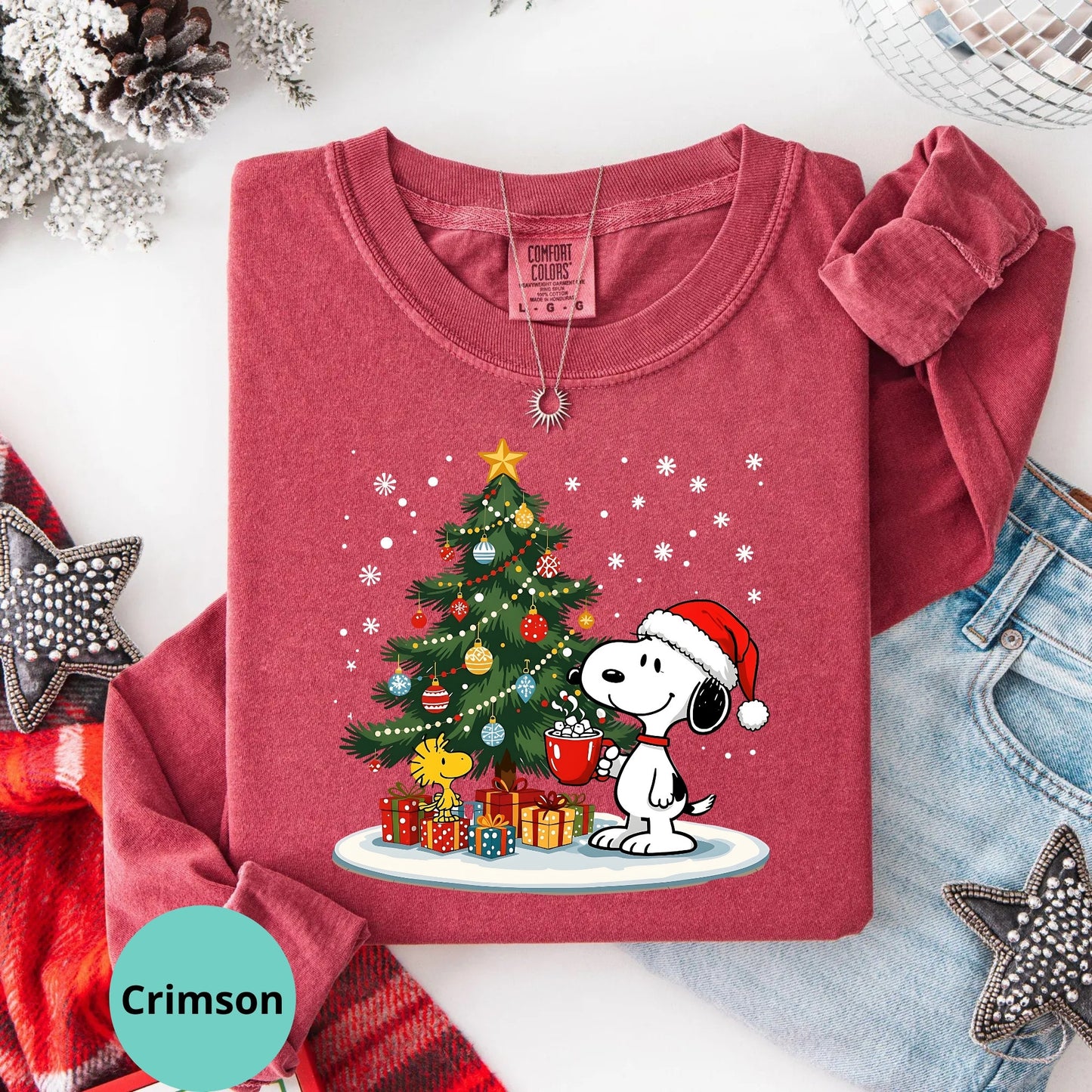Crimson long sleeve with Snoopy Christmas tree graphic