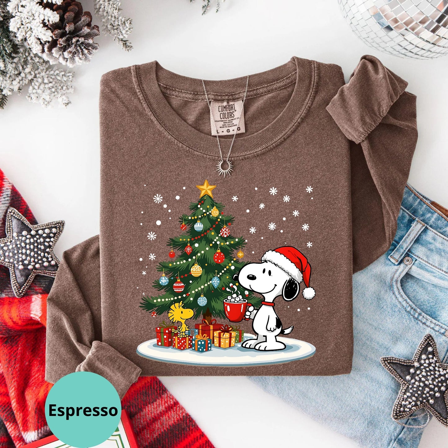 Comfort Colors® Christmas Snoopy Cartoon Dog Long Sleeve T-Shirt, Holiday Season Xmas Tree Shirt