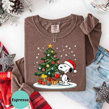 Comfort Colors® Christmas Snoopy Cartoon Dog Long Sleeve T-Shirt, Holiday Season Xmas Tree Shirt