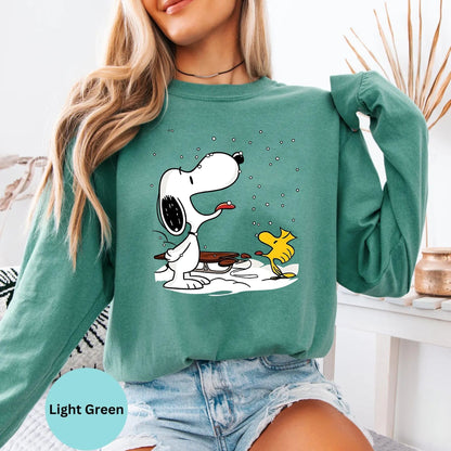 Comfort Colors® Snoopy Woodstock Christmas Long Sleeve T-Shirt, Peanuts Holiday Winter Charlie Brown Shirt