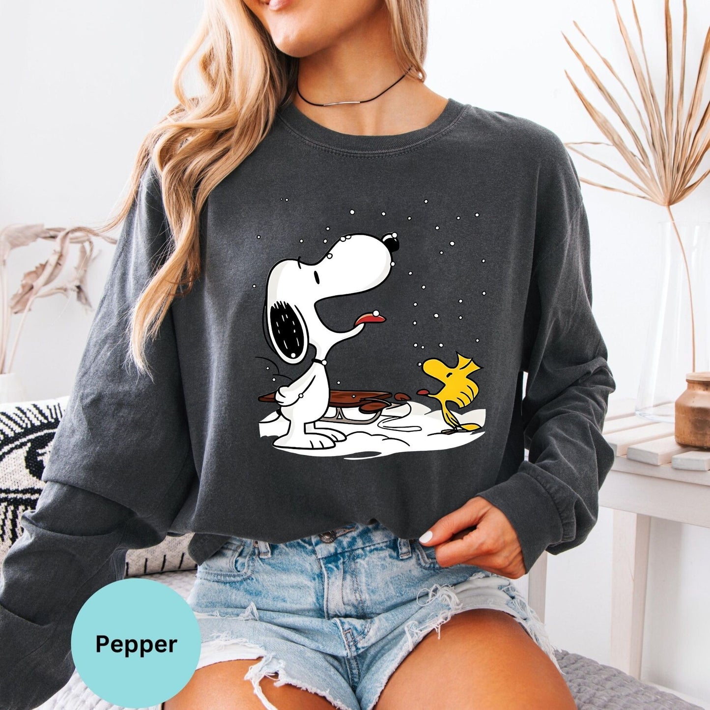 Comfort Colors® Snoopy Woodstock Christmas Long Sleeve T-Shirt, Peanuts Holiday Winter Charlie Brown Shirt