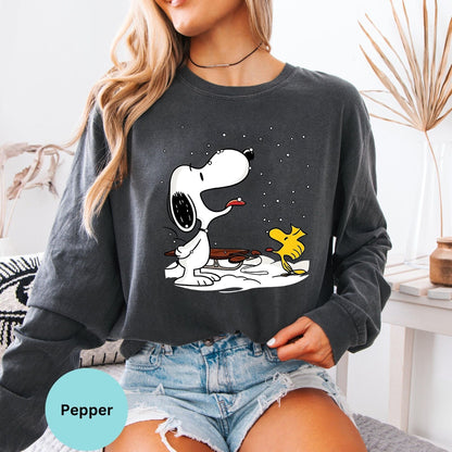 Comfort Colors® Snoopy Woodstock Christmas Long Sleeve T-Shirt, Peanuts Holiday Winter Charlie Brown Shirt