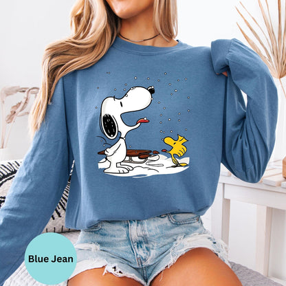 Blue Jean long sleeve woman wearing Snoopy and Woodstock design