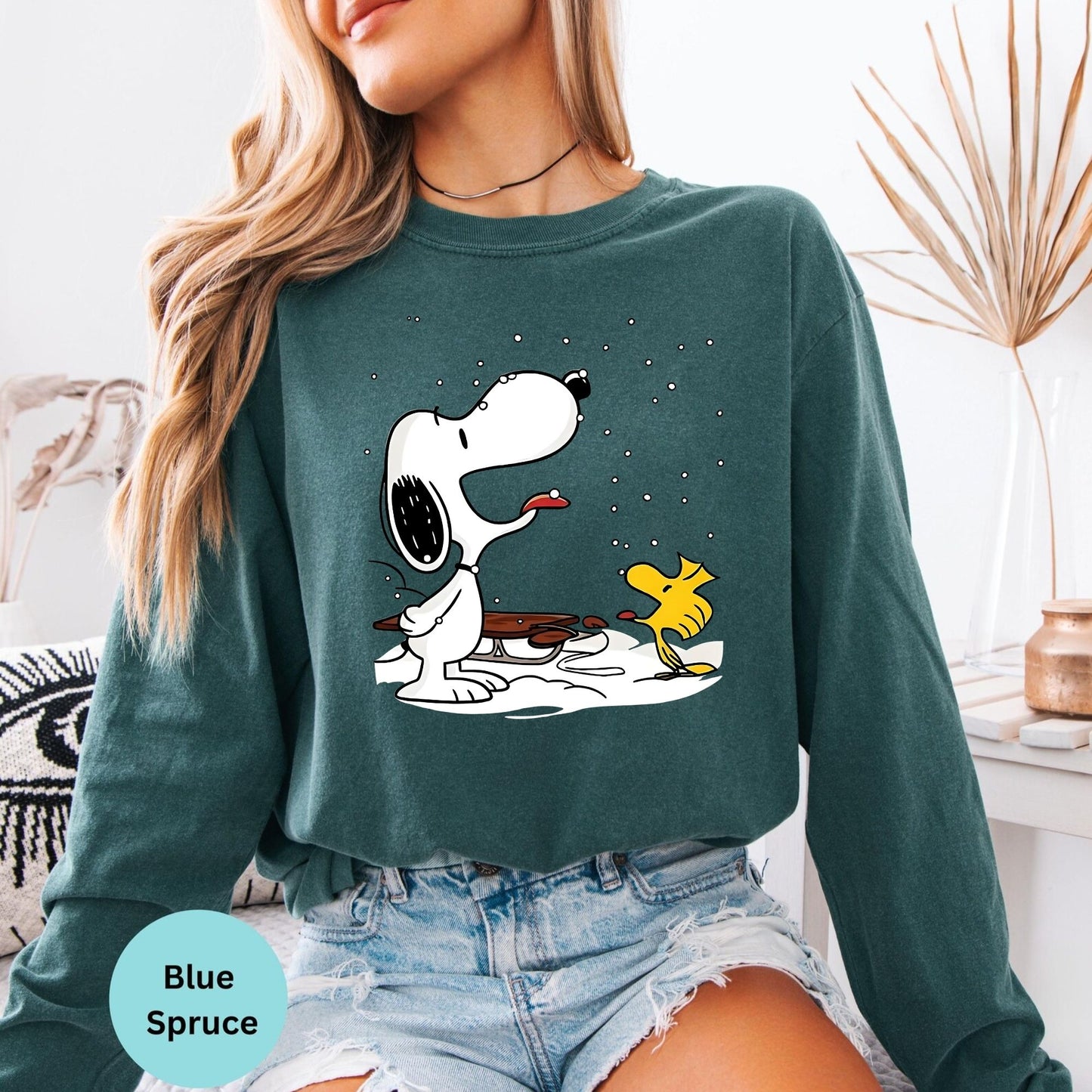 Blue Spruce long sleeve with Snoopy and Woodstock sitting graphic