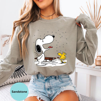 Comfort Colors® Snoopy Woodstock Christmas Long Sleeve T-Shirt, Peanuts Holiday Winter Charlie Brown Shirt